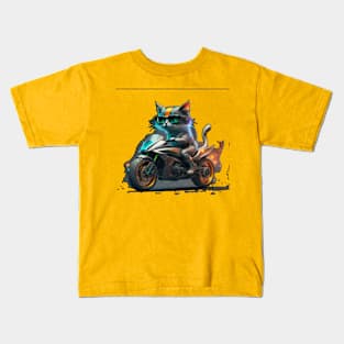 Funny cat driving a motocycle Kids T-Shirt